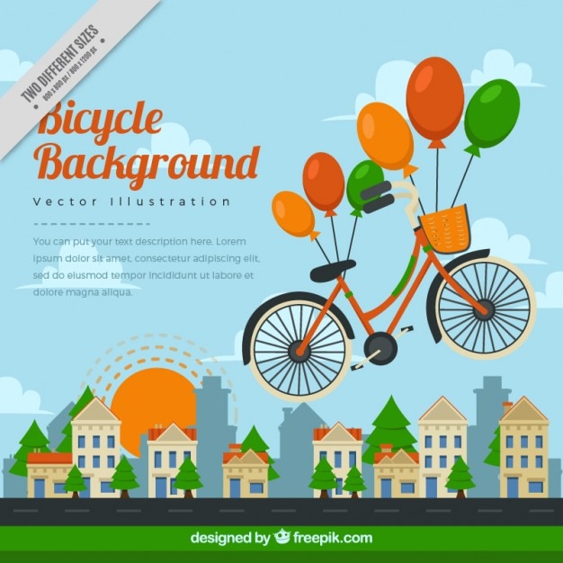 Free vector bicycle flying with colored balloons background