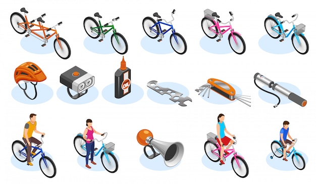 Free vector bicycle isometric icons set with tools accessories and different types of bicycles vector illustration