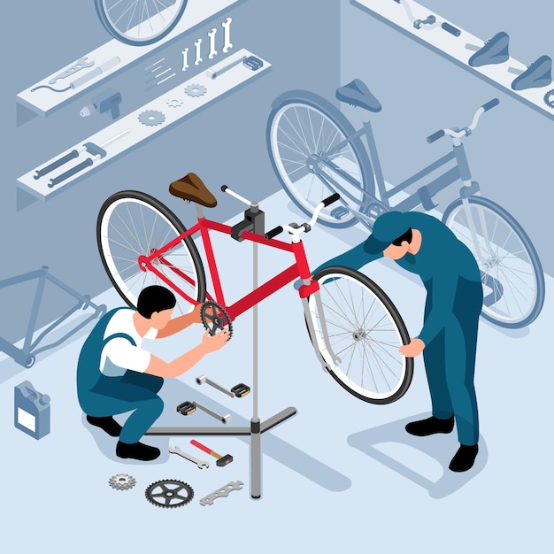 Bicycle maintenance in workshop isometric background with two workers installing bike parts after repair illustration