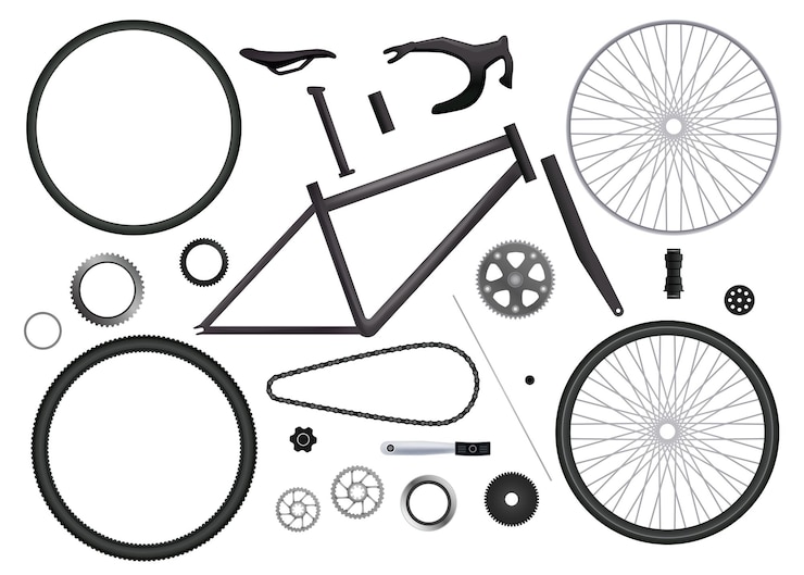 Free Vector bicycle parts set of isolated monochromatic images with bike elements for hand assembling on blank background vector illustration