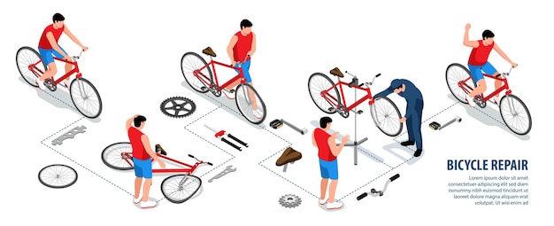 Ремонт велосипедов изометрическая инфографика с мужчиной-велосипедистом, катающимся на велосипеде, и механиком, восстановившим сломанный автомобиль после аварии