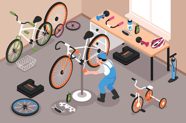 Il garage per le riparazioni della bicicletta con l'illustrazione isometrica 3d del pedale della bici della riparazione dell'uomo