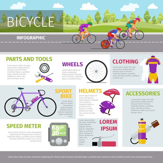 Велосипедный векторный инфографический шаблон в плоском стиле. Спортивная деятельность, гонка и форма, иллюстрация шлема и бутылки