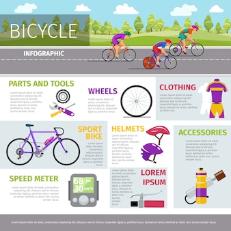 Велосипедный векторный инфографический шаблон в плоском стиле. спортивная деятельность, гонка и форма, иллюстрация шлема и бутылки