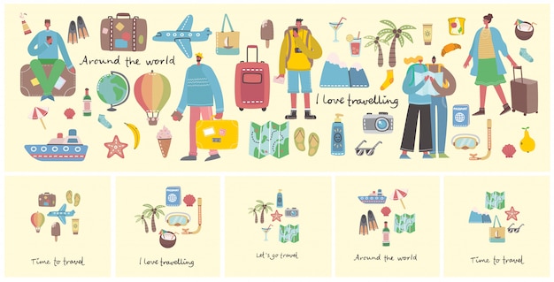 Big bundle of travel and summer holiday related objects and icons. for use on poster, banner, card and pattern collages.