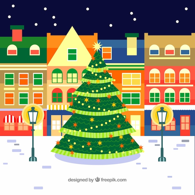 Free vector big christmas tree in a town