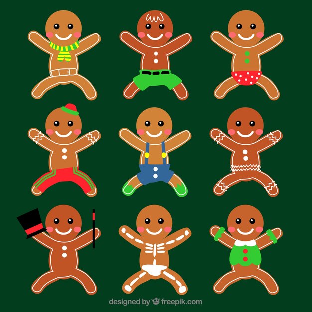 Free vector big collection of gingerbread man cookies on a green background