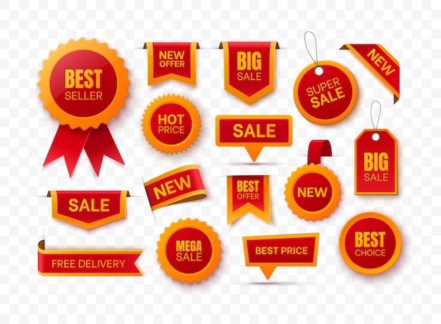 Big collection of red price tags, promo labels, and discount badges. new offer tags. sale ribbons Premium Vector