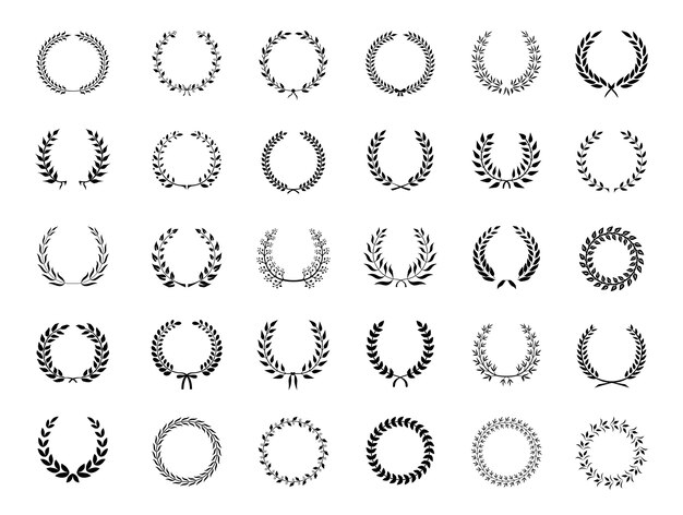 Big collection of thirty different circular black vector laurel wreaths or circlets  for heraldry  antiquity  award  victory and excellence