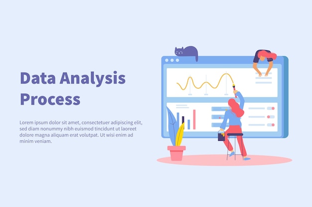 Big data analysis concept  flat illustration with editable text and doodle images of woman painting curve on screen