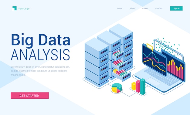 Vettore gratuito pagina di destinazione isometrica di analisi dei big data, banner