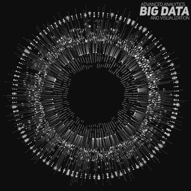 Big data circular grayscale visualization. information aesthetic design. visual data complexity. complex data threads graphic visualization.