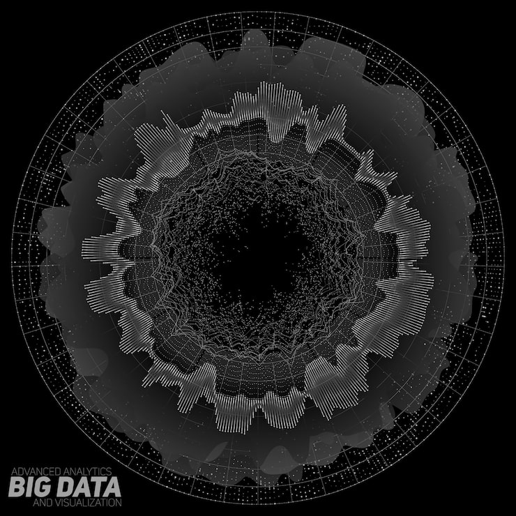 Free Vector big data grayscale visualization. visual data complexity. complex data threads graphic. social network representation. abstract data graph.