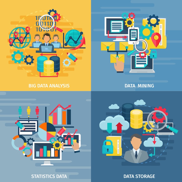 Free Vector big data mining analysis and storage technology 4 flat icons square composition banner 