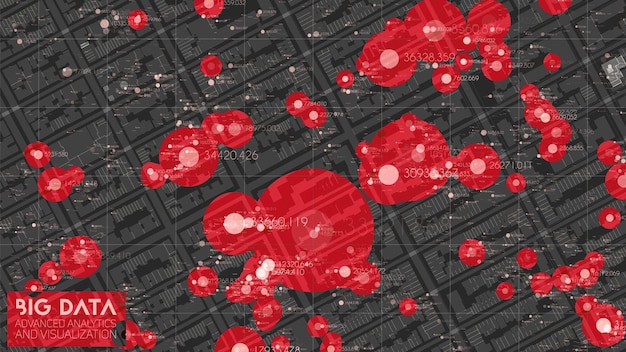 Vettore gratuito big data nella città moderna visualizzazione dell'ordinamento delle informazioni sociali astratte connessioni umane o analisi della struttura finanziaria urbana dati geospaziali complessi complessità delle informazioni visive