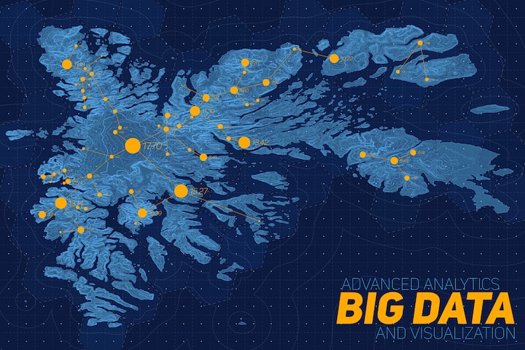 Free Vector big data network over map. complex topographical data graphic visualization. abstract data on elevation graph. colorful geographical data image.
