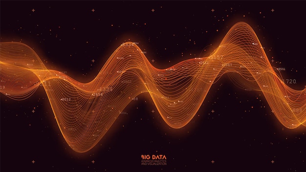Визуализация оранжевой волны больших данных. Футуристическая инфографика. Информационно-эстетический дизайн. Сложность визуальных данных. Комплексная аналитика бизнес-диаграмм. Представительство в социальных сетях. Абстрактный график данных.