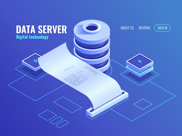 Vettore gratuito grande elaborazione dati e analisi icona isometrica, informazioni di output di stampa dal database