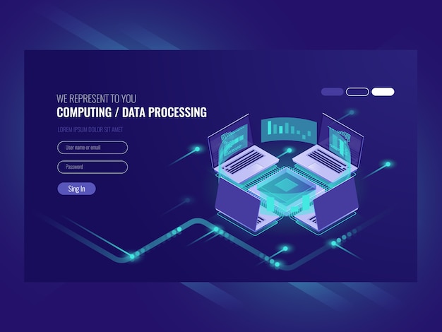 Vettore gratuito grande processo di elaborazione e calcolo dei dati, sala server, sala server di hosting web vps