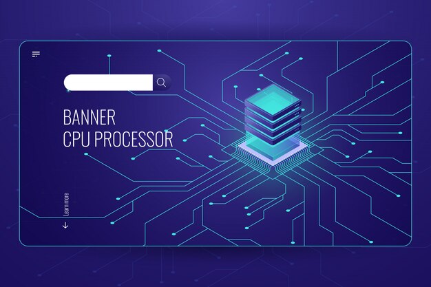 Big data processing, CPU processor isometric banner, network data transfer and calculation