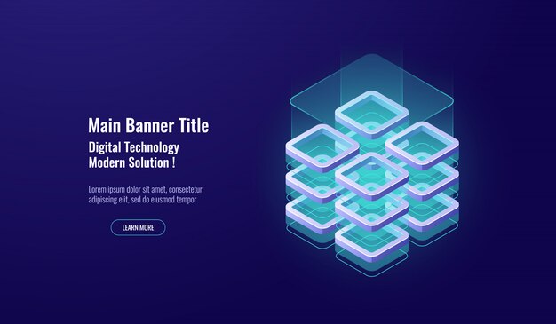 Обработка больших данных, концепция безопасности данных, изометрическая иконка, серверная комната базы данных