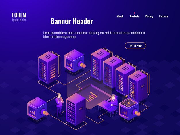 Big data processing isometric icon, server room, people working in the data center