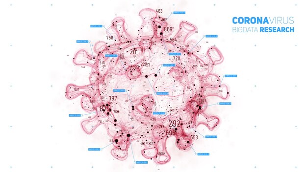 コロナウイルス病のビッグデータ研究ウイルスと関心のあるポイントの3Dベクトル図ワクチン開発SARS病原体探索概念の未来的なウイルス学分析