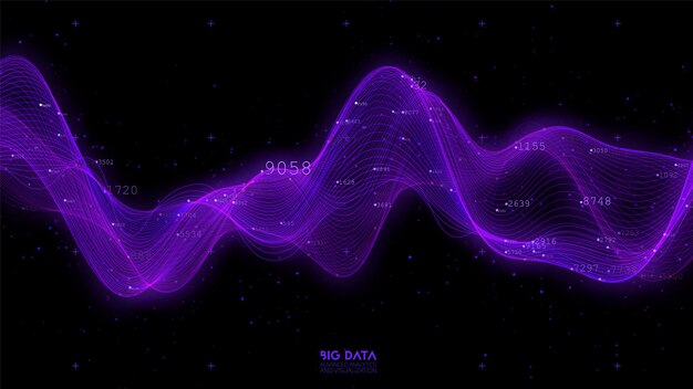 빅 데이터 바이올렛 웨이브 시각화. 미래의 인포 그래픽. 정보 미적 디자인.