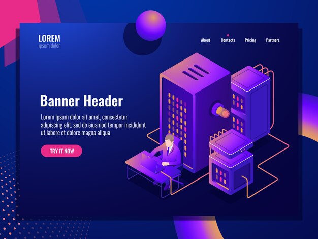 Free vector big datacenter, office worker using cloud storage, big data processing icon isometric, laptop, serve