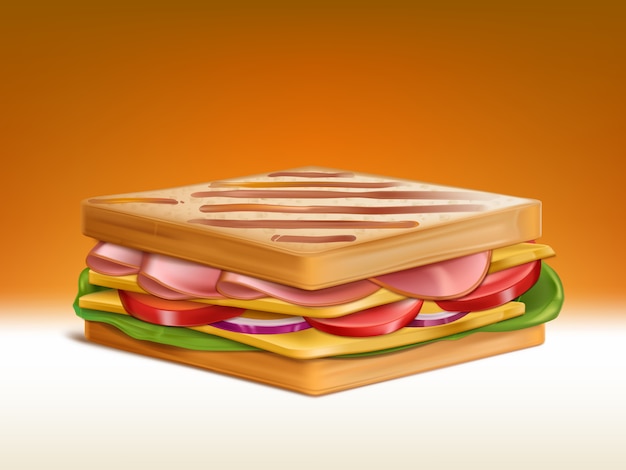 Grande doppio panino con due pezzi di pane di grano tostato, fette di prosciutto e pezzi di formaggio cheddar, fette di pomodoro e cipolla e insalata fresca foglie 3d vettoriale realistico. illustrazione della prima colazione nutriente