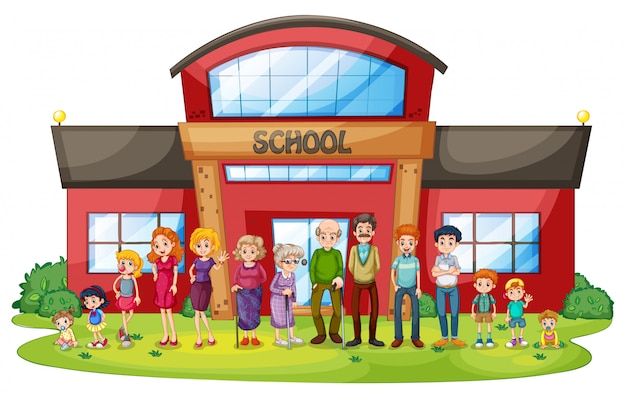A big family in front of the school building – Free Vector Download