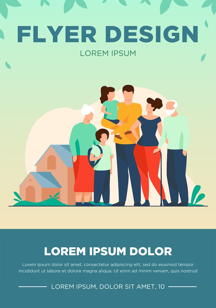 Free Vector big family meeting. couple with senior parents and two kids standing together at suburban house. vector illustration for love, togetherness, lifestyle concept
