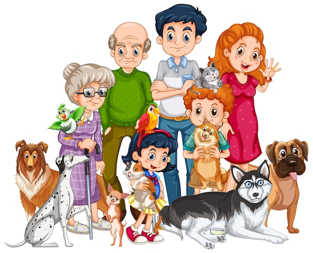 Бесплатное векторное изображение Члены большой семьи со многими собаками