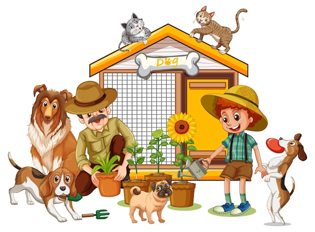 Free vector big family members with many dogs