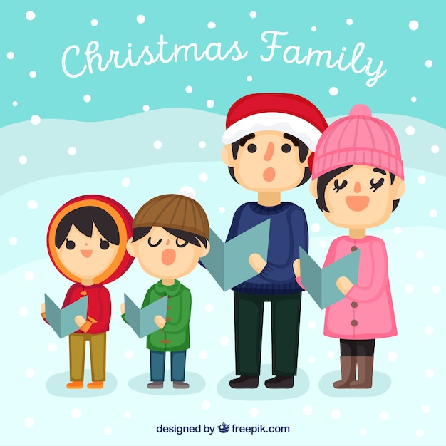 Big family singing a carol on a snowy day