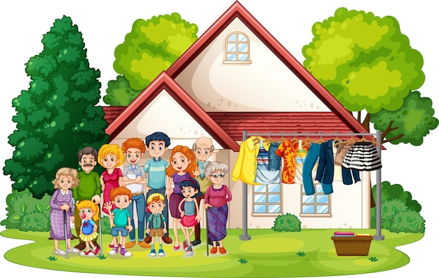 Doodle cartoon graphic illustration of happy big family. Graphic sketch of  family with children and pets 20381705 Vector Art at Vecteezy