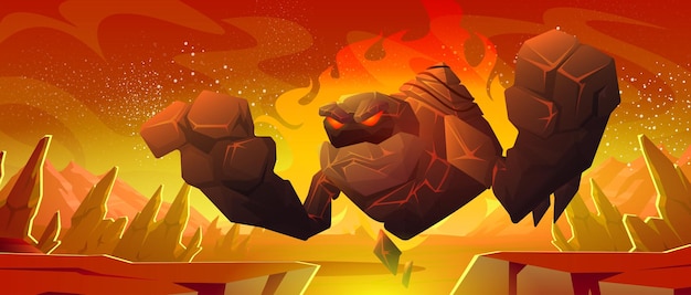 Big golem from stone and lava on alien planet surface. Vector cartoon illustration of fantasy angry giant monster in fire and futuristic space landscape with rocks and crack in ground