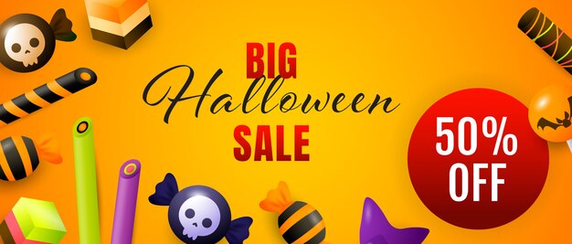 Grande iscrizione di vendita di halloween con caramelle e dolci