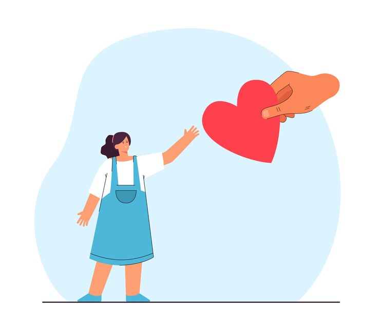 मुफ़्त वेक्टर big hand giving heart to little girl. family adopting or taking care child flat vector illustration. children day or care, love, adoption, charity concept for banner, website design or landing page