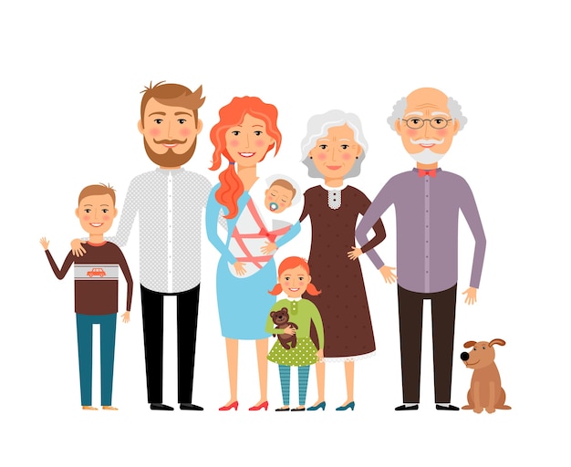 Big happy family. Father mother son daughter grandfather grandmother. Vector illustration