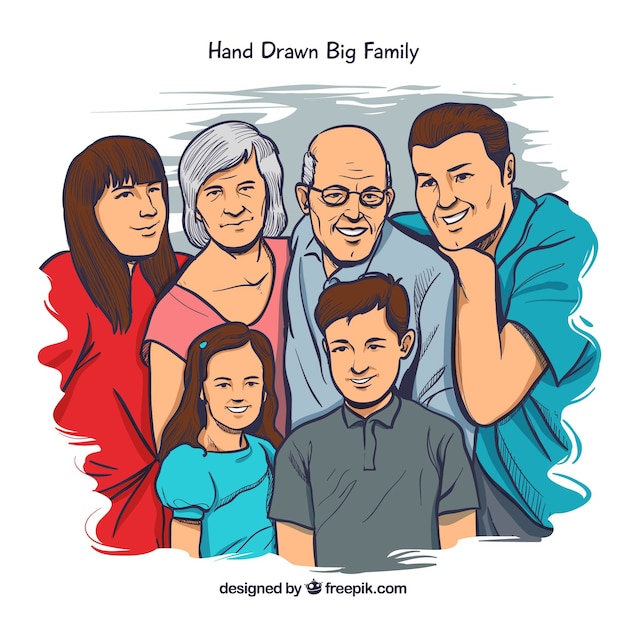 Big happy family with hand drawn style