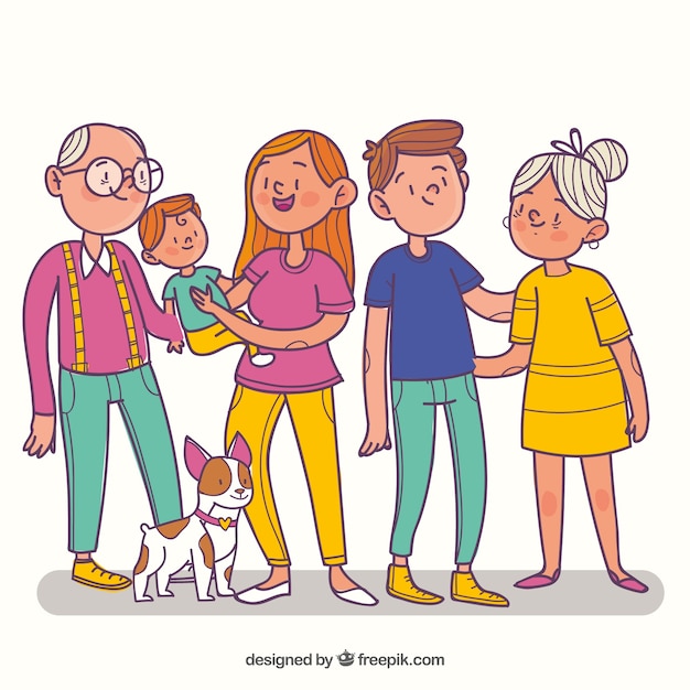 Большая счастливая семья с ручным рисунком