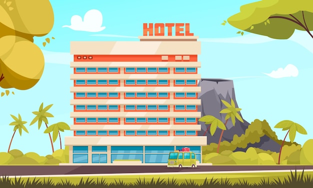 Free vector big hotel building natural landscape volcano in the  and bus with tourists going