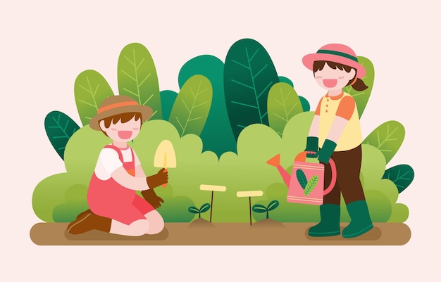 Big isolated cartoon character   illustration of Cute kids gardening on garden out side home , flat illustration
