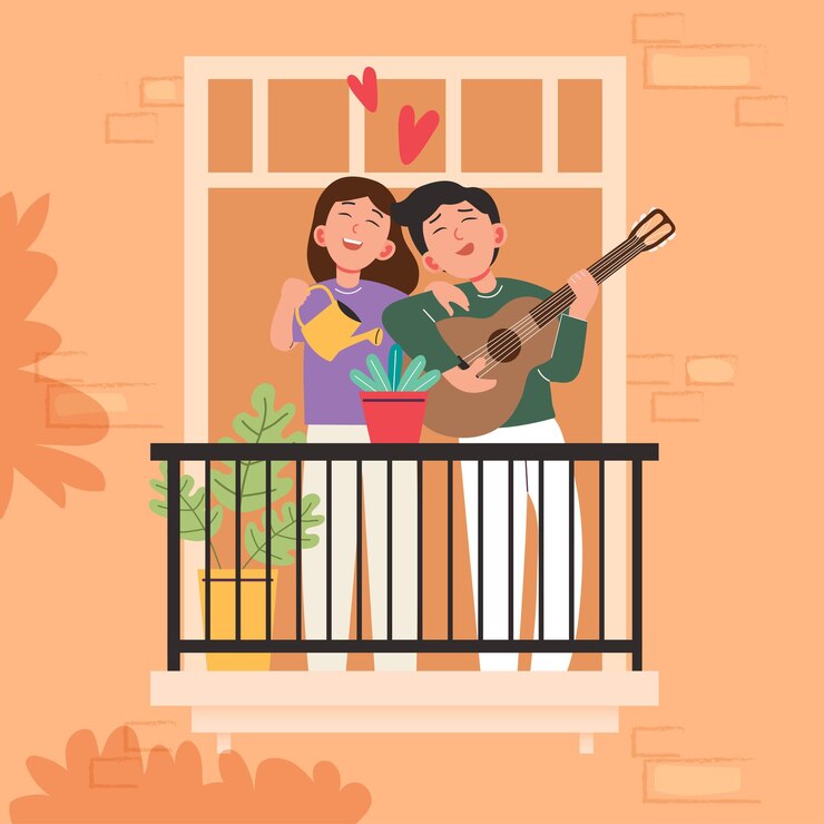 Free Vector big isolated cartoon   of young girl and boy in love, couple sharing and caring love, playing guitar  3d illustration