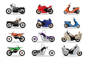 Big isolated motorcycle colorful clipart set, flat illustrations of various type motorcycles.