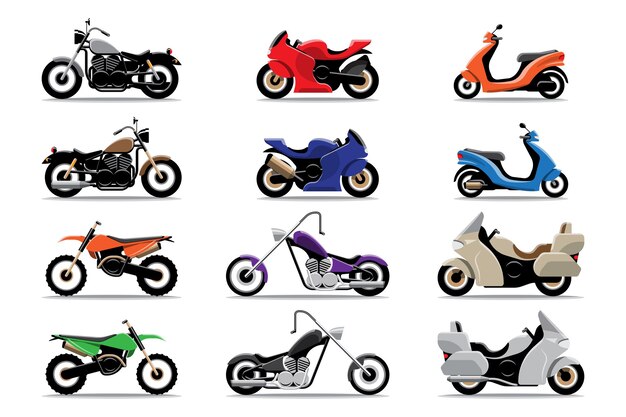 大きな孤立したオートバイのカラフルなクリップアートセット、さまざまなタイプのオートバイのフラットなイラスト。