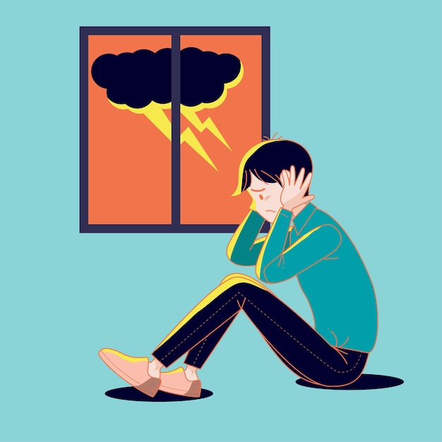 Free vector big isolated young man suffering from the fear of thunderstorm.