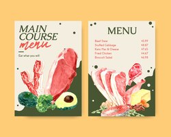 Бесплатное векторное изображение Большой шаблон меню с концепцией кетогенной диеты для акварельной иллюстрации ресторана и продовольственного магазина.