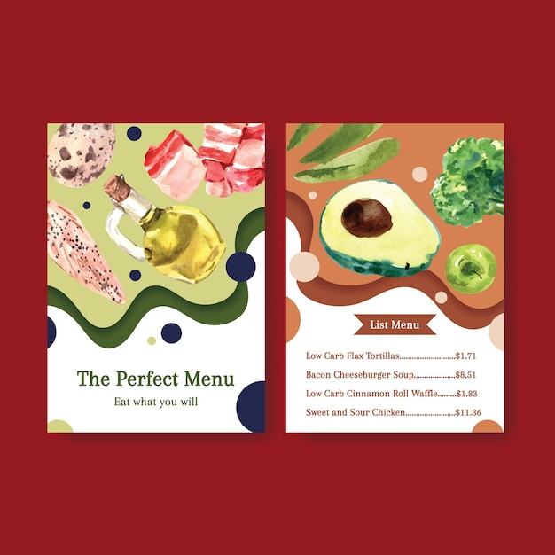 Big menu template with ketogenic diet concept for restaurant and food shop watercolor illustration.
